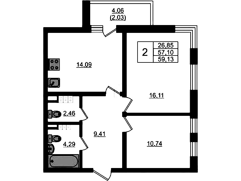 2-комнатная квартира 59.13 м², 4/4 эт., ЖК «Новая история»